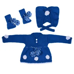 Windrop Solutions Wool Full Sleeves Floral Applique Designed Crocheted Sweater Dress Set - Blue-picture-18