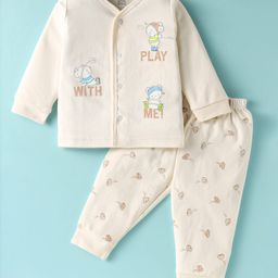Zero Interlock Knit Full Sleeves T-Shirt & Lounge Pant Set with Bear Print - Cream-image-95