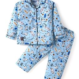 Enfance Core Cotton Woven Full Sleeves Dog Printed Coordinating Night Suit Set - Blue-image-72