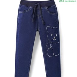 Babyoye Eco Conscious Cotton Blend Woven Full Length Denim Jeans with Bear Embroidery -Navy Blue-image-52