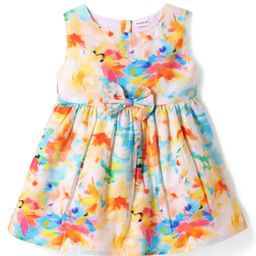 Babyhug Cotton Knit Sleeveless Frock With Floral Print & Bow Applique - Multicolor-image-94