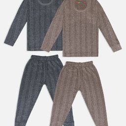 Trampoline Pack Of 2 Full Sleeves Striped Thermal Sets - Grey & Brown-image-95