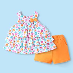 Babyhug Single Jersey Knit Sleeveless Top & Shorts Set With Floral Print & Bow Applique - White & Orange-image-82