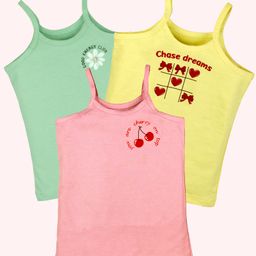 Kiddopanti Cotton Pack of 3 Sleeveless Floral & Heart Printed Camisoles - Light Green Yellow & Dark Pink-image-31