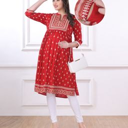 Bella Mama Woven Three Fourth Sleeves Maternity Suit Set With Floral Print - Red-image-87