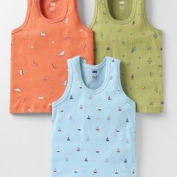 Simply Sinker Knit Sleeveless Vests with Dino Space & Nautical Theme Print Pack of 3 - Light Blue Orange & Olive Green-image-65