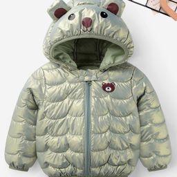 Mark & Mia Full Sleeves Padded Hooded Jacket with Bear Print & Ear Applique - Olive Green-image-83