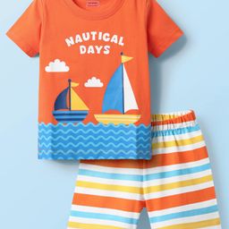 Babyhug Cotton Knit Half Sleeves Shorts Night Suit with Nautical Theme Print & Stripes - Orange-image-38