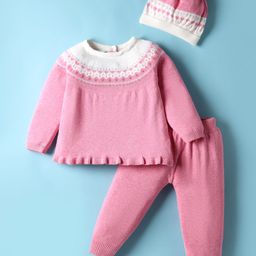 ToffyHouse Knit Full Raglan Sleeves Winter Wear Top & Lounge Pant Set With Aztec Print & Cap - Pink & White-picture-26