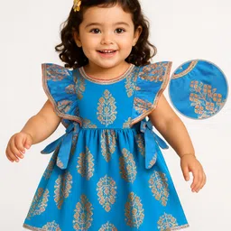 EARTHY TOUCH Single Jersey Knit Frill Sleeves Ethnic Dress with Floral Print - Blue-picture-45