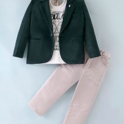 Dapper Dudes Full Sleeves Solid Blazer With Typography Printed Tee & Pant Set - Dark Green-picture-20