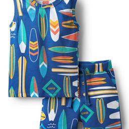 Babyhug Single Jersey Knit Sleeveless T-Shirt & Short Set With Abstract Print - Blue-image-64