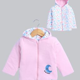 BUMZEE Cotton Knit Full Sleeves Cloud Printed & Embroidered Hooded Reversible Jacket - Baby Pink & White-image-104