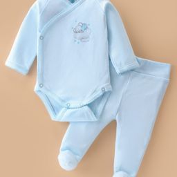 I Bears Interlock Knit Full Sleeves Onesie With Footed Leggings & Teddy Print - Light Blue-picture-19