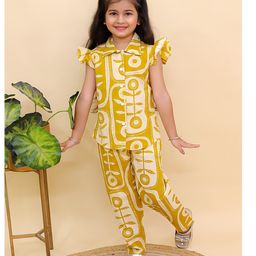 AJ Dezines Cotton Woven Frill Sleeves Floral Printed Top & Coordinating Pant Set - Mustard-image-95