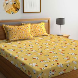 Myntra Elegant Homes Yellow & White Floral 300 TC King Bedsheet with 2 Pillow Covers-image-33