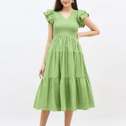 Styli Women V- Neck Flutter Sleeve Smocked Fit An Flare Midi Dress-image-60