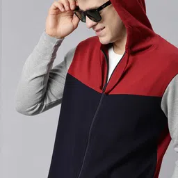 HERE&NOW Men Red & Navy Blue Colourblocked Hooded Sweatshirt-picture-56
