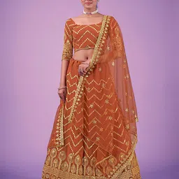 ODETTE Floral Embroidered Sequinned Net Semi-Stitched Lehenga & Blouse With Dupatta-2