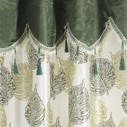 Cortina White & Green Set of 2 Fancy Valance Leaf Printed Window Curtains image 2