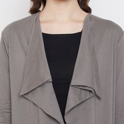 Hypernation Women Grey Solid Cotton Open Front Shrug image 3