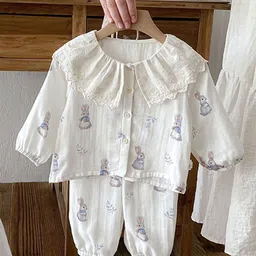 LULU & SKY Girls Rabbit Printed Pure Cotton Top With Trousers Night suit-image-33