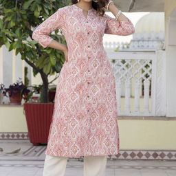 Pistaa Ethnic Motifs Printed High Slit Mandarin Collar Pure Cotton A-Line Kurta & Trousers-22