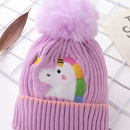 Babyhug Pom Pom Acrylic Woolen Cap Unicorn Design - Purple-image-99