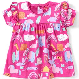 Babyhug Cotton A-Line Half Sleeves Top With Frills & Front Pocket Animals Print - Fuchsia-image-98