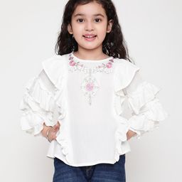 ISHTI Frill Sleeves Floral Embroidered Top - White-image-100