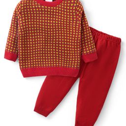 Babyhug Knit Full Sleeves Sweater Set with Aztec Design -Rust Red-image-80