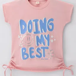 Olio Kids Cotton Lycra Knitted Half Sleeves Top With Text Print - Peach-picture-44