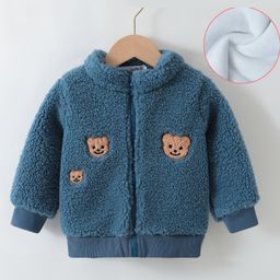 Kookie Kids Full Sleeves Winter Fur Jacket with Bear Patch - Teal Blue-image-134