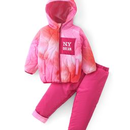 Babyhug Full Sleeves Hooded Front Zipper Padded Winter Wear Suit With Tie & Dye Design & Text Print - Pink-image-0