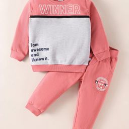 Kookie Kids Terry Knit Full Sleeves Winter Wear T-Shirt & Lounge Pant Set With Text Print - Pink-image-11