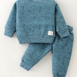Ollypop Fleece Knit Full Sleeves Winter Wear Suit With Leafy Print - Teal Blue-picture-17