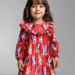 Babyhug Disney Cotton Knit Full Sleeves Frock With Minnie Mouse Print Frill Detailing & Bloomer - Red-picture-19