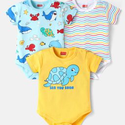 Babyhug 100% Cotton Knit Half Sleeves Striped & Sea Animals Printed Onesies Pack of 3 - Yellow Light Blue & White-image-46