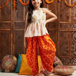 Pspeaches Cotton Sleeveless Floral Printed & Gota Lace Embellished Dhoti Kurta Set - Orange-image-38