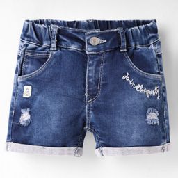Olio Kids Denim Knit Above Knee Length Shorts With Join The Party Text Embroidery - Navy Blue-image-48