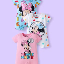 Babyhug Disney Interlock Knit Half Sleeves Rompers with Minnie Mouse Graphics Pack of 3 - Pink Light Blue & White-picture-15