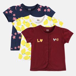 MINI KLUB Cotton Pack Of 3 Half Sleeves Love Text & Lemons Printed Jhablas - Navy Blue White & Maroon-image-82