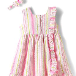 Babyhug Single Jersey Knit Sleeveless Striped Frock with Headband with Frill Detailing - Pink-image-80