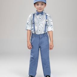 BAD BOYS Cotton Full Sleeves Marble Printed Shirt Pant With Suspender Bow & Cap Set - Blue-picture-3