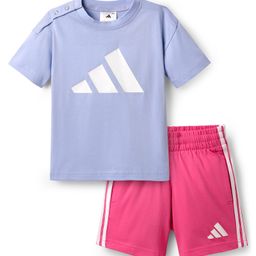Adidas Kids Cotton Knit Half Sleeves T-Shirt & Shorts With Logo Print - Lavender & Pink-image-60