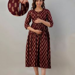 CeleBravo Rayon Three Fourth Sleeves Paisley Foil Motifs Printed Maternity Dress With Nursing Access - Maroon-image-71