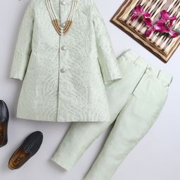 Ahhaaaa Silk Blend Full Sleeves Leaves Embroidered Sherwani & Pant Set - Green-image-76