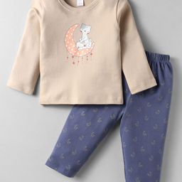 Tango Interlock Knit Full Sleeves Night Suit With Cat & Moon Print - Light Brown-image-32