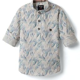 Noddy Cotton Full Sleeves Leaves Printed Kurta Style Shirt - Royal Blue-image-71
