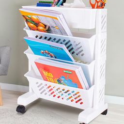 JD FRESH 4 Tier Multilayer Bookshelf with Wheels for Home and Office use - White-55